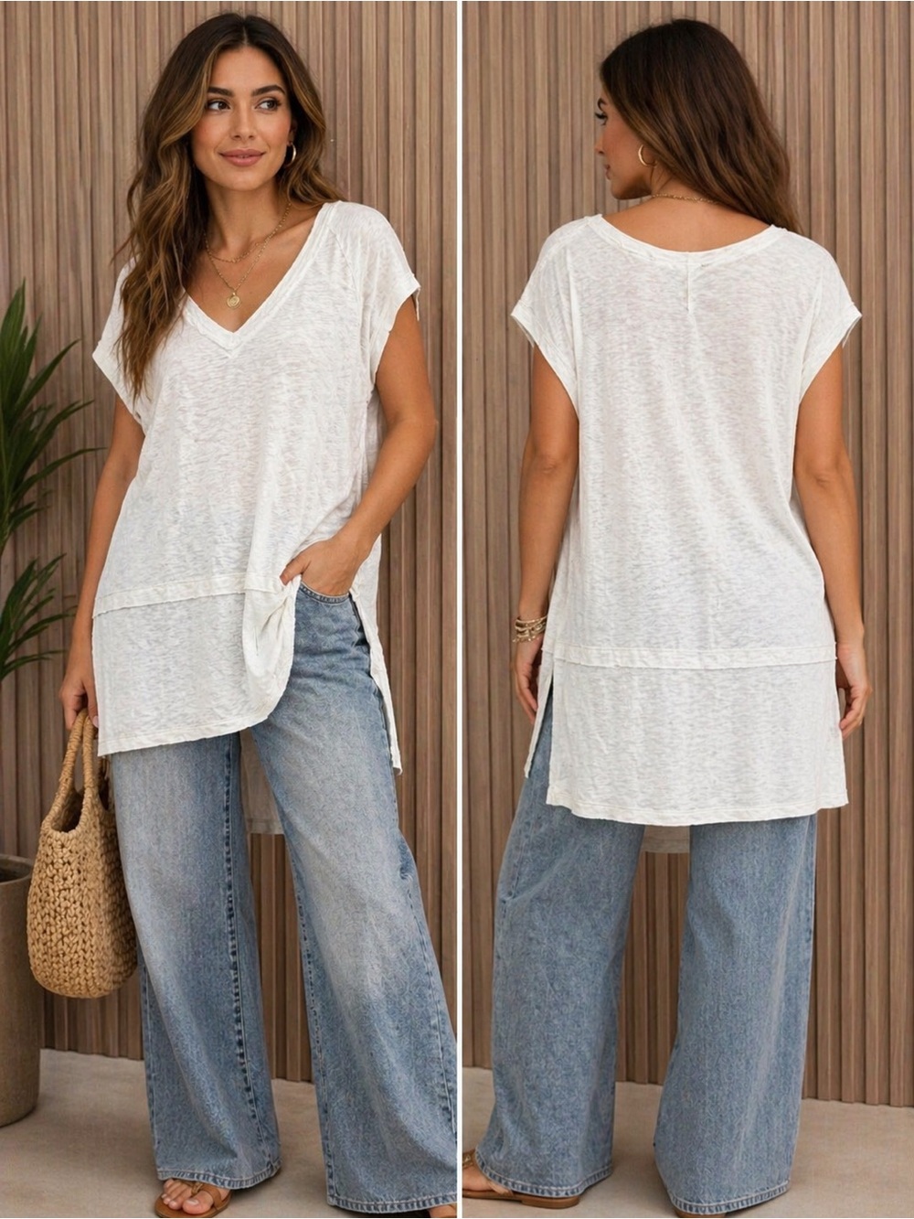 We The Free Textured White and Gray V-Neck Layered Tunic Top XS Oversized